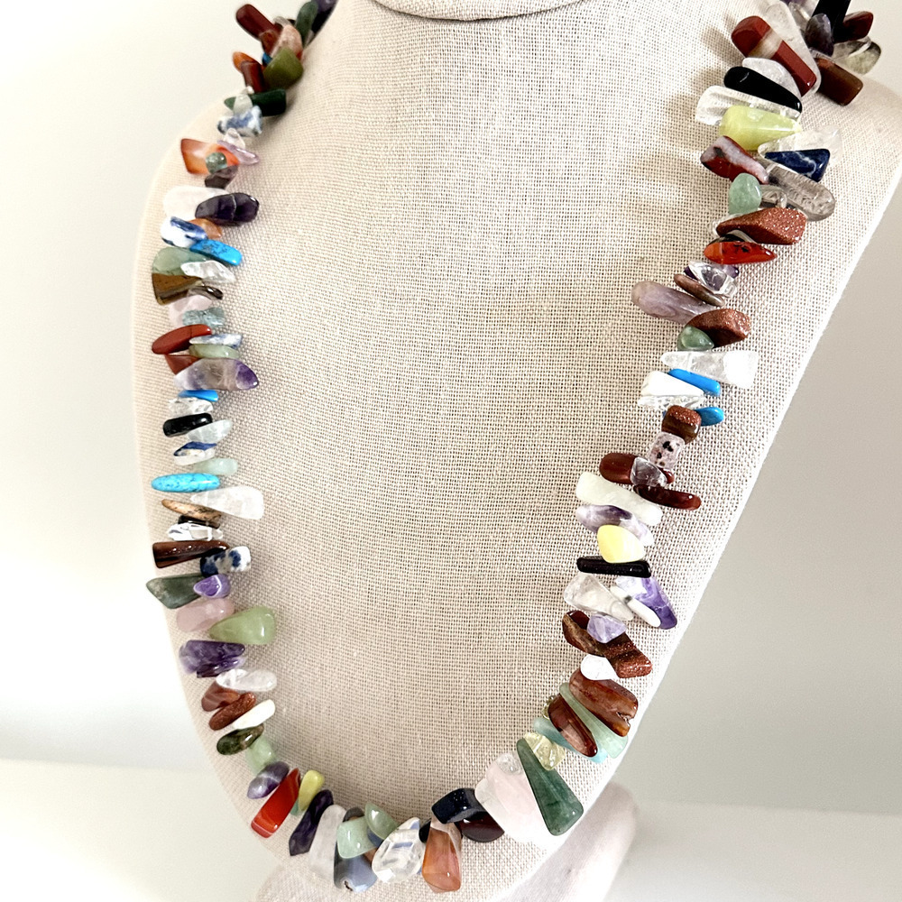 Vintage 925 Sterling Silver Multi Gemstone Nugget Chunky Statement Necklace 36" - Picture 3 of 14
